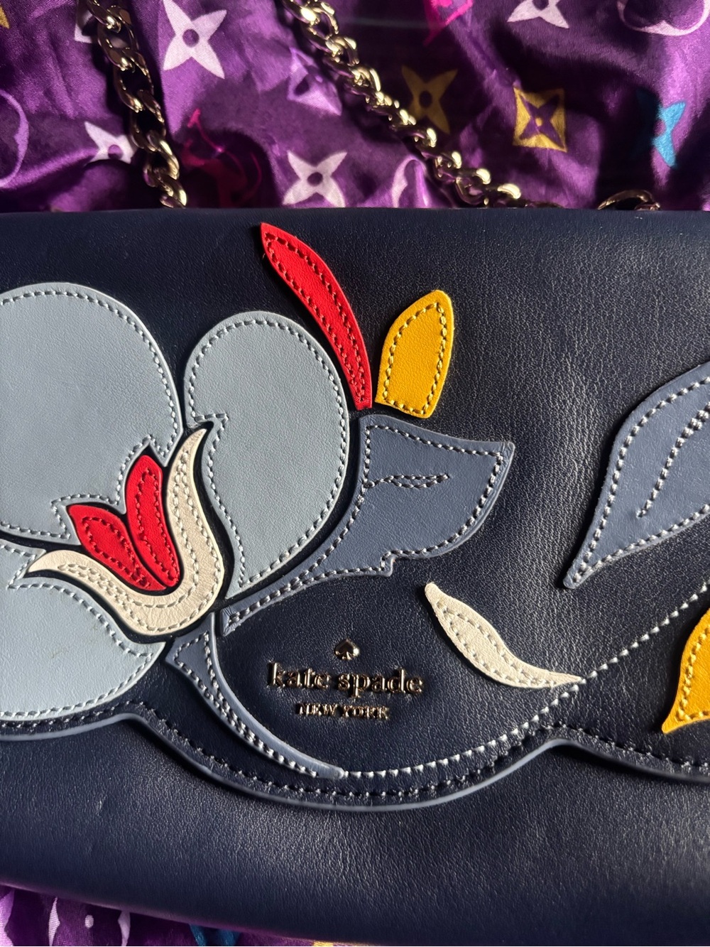 kate spade navy satchel with multicolor floral appliqué - Picture 3 of 5